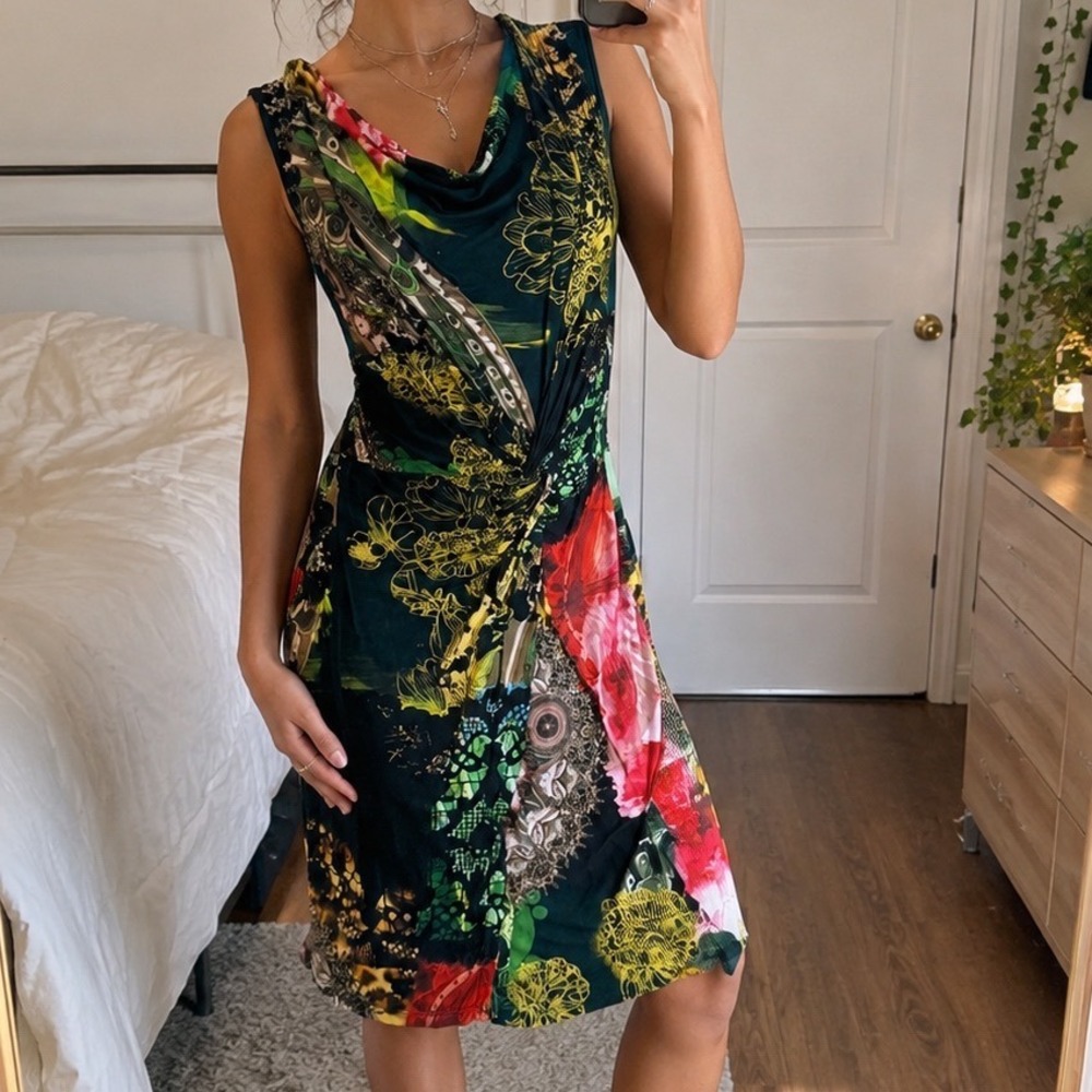 Desigual Sleeveless Cowl Neck Patchwork Floral Mandala Mini Dress Teal S resort